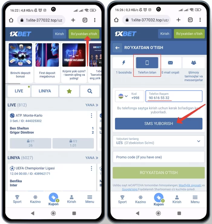 Mobil telefon orqali 1x da ruyhatdan otish va pul ishlash Telefon orqali 1xbet saytiga kirish