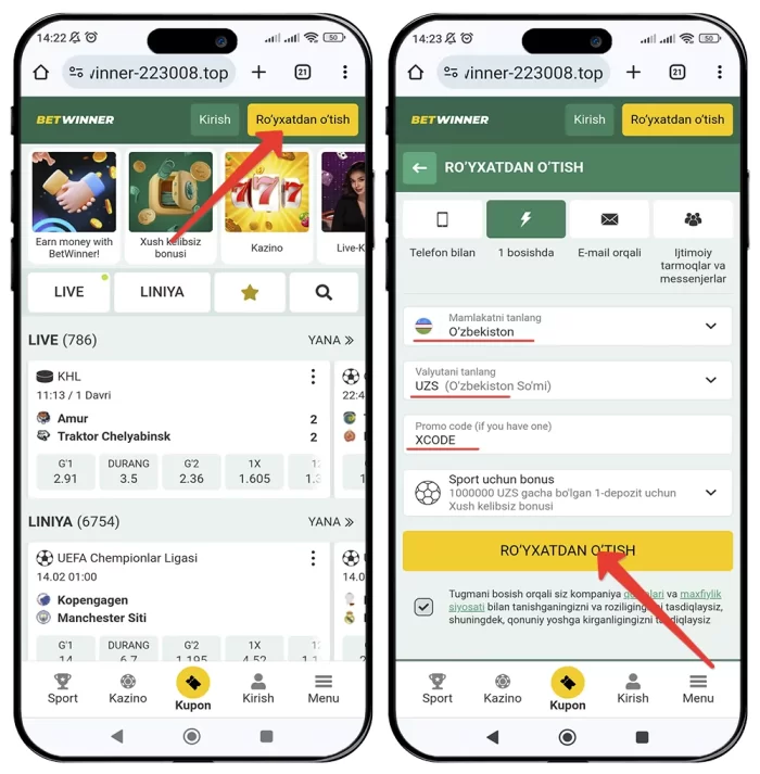 O'zbekistondan Betwinner uz saytda registratsiya qilish Betwinner saytda ro'yxatdan o'tish va akkaunt yaratish