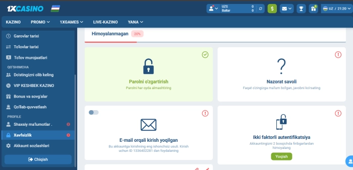 1xCasino registratsiya bo'limi
